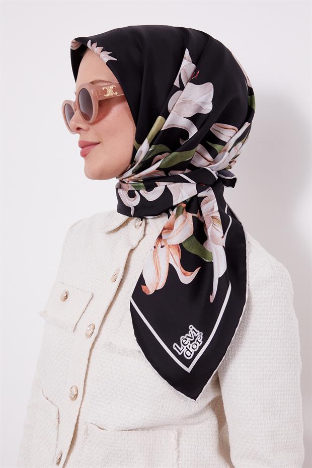 Siyah Zambak Desen Twill Ipek Esarp