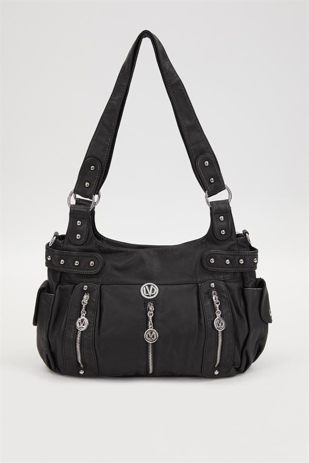 Siyah Zımba Detaylı Omuz Çantası