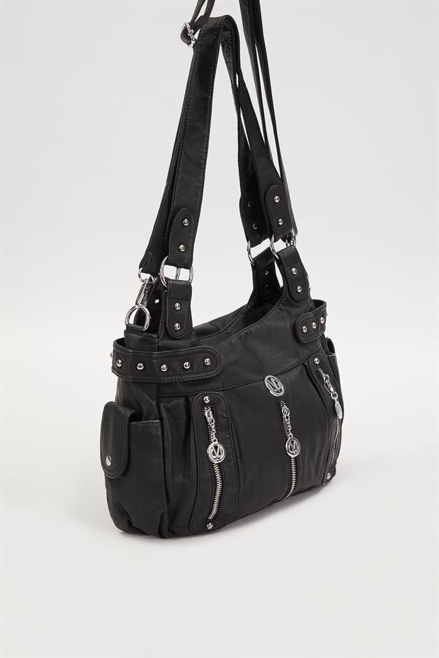 Siyah Zımba Detaylı Omuz Çantası