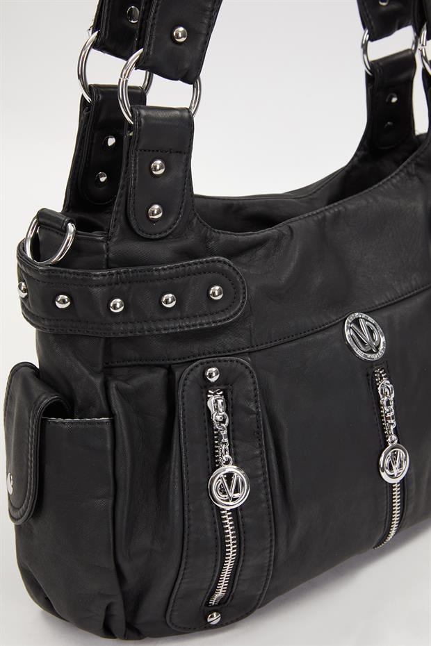 Siyah Zımba Detaylı Omuz Çantası