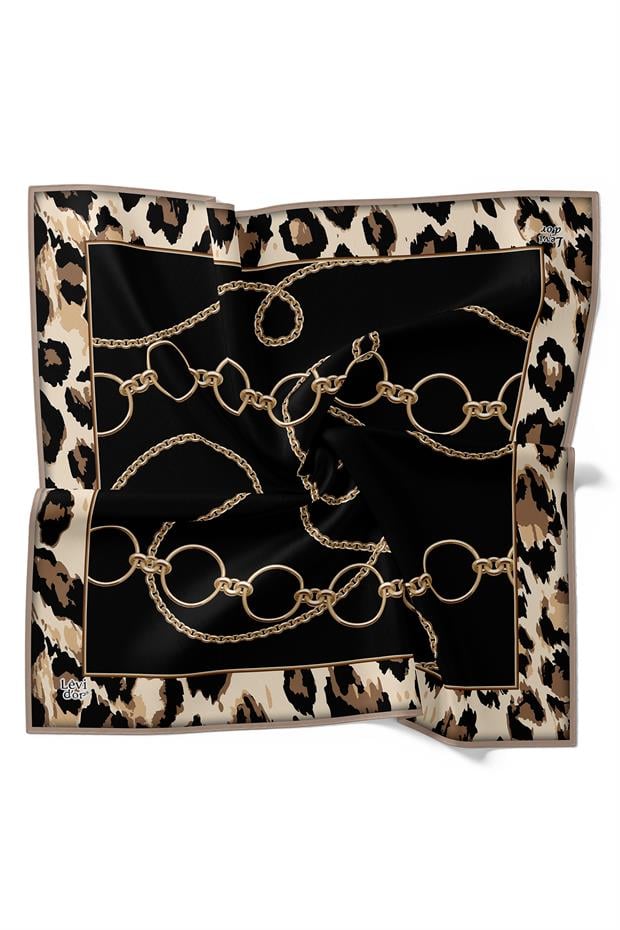 Siyah Zincir Halka Desen Twill Ipek Eşarp