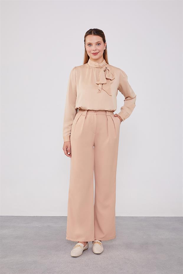 Somon Çift Pileli Kumaş Pantolon