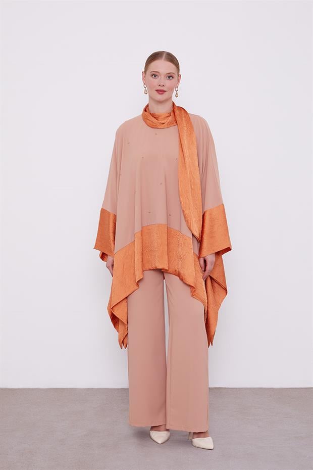Somon Kendinden Şal Detaylı Tunik Takım