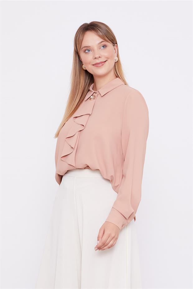 Somon Yakası Fular Broş Detaylı Bluz
