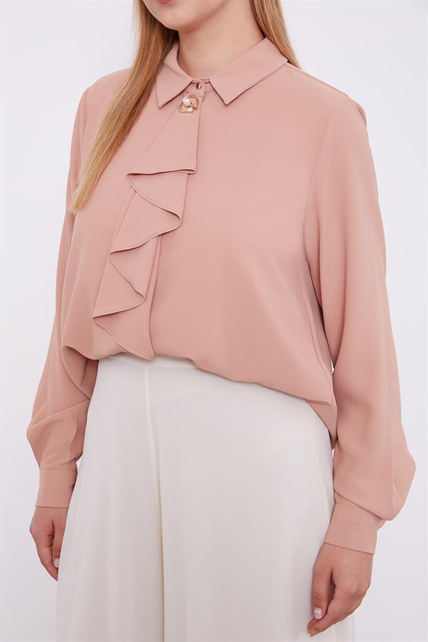 Somon Yakası Fular Broş Detaylı Bluz