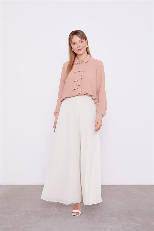 Somon Yakası Fular Broş Detaylı Bluz