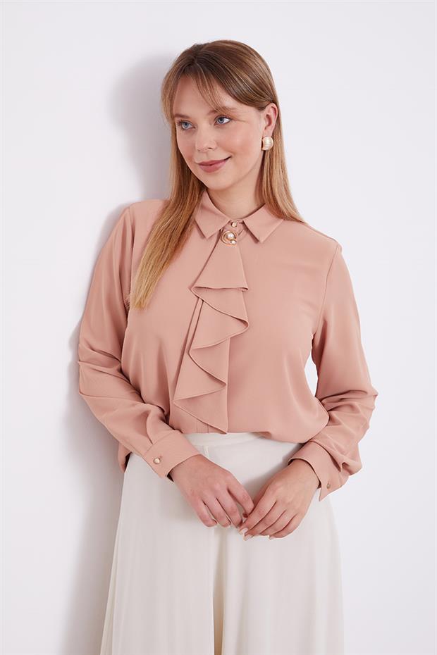 Somon Yakası Fular Broş Detaylı Bluz