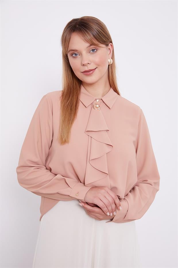 Somon Yakası Fular Broş Detaylı Bluz