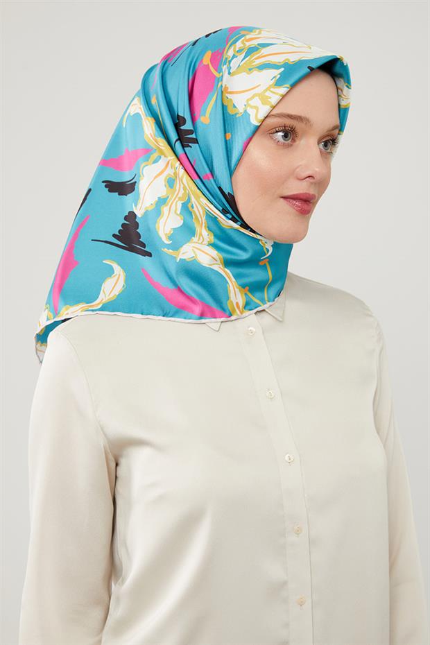 Su Yeşili Yaprak Desen Twill Eşarp