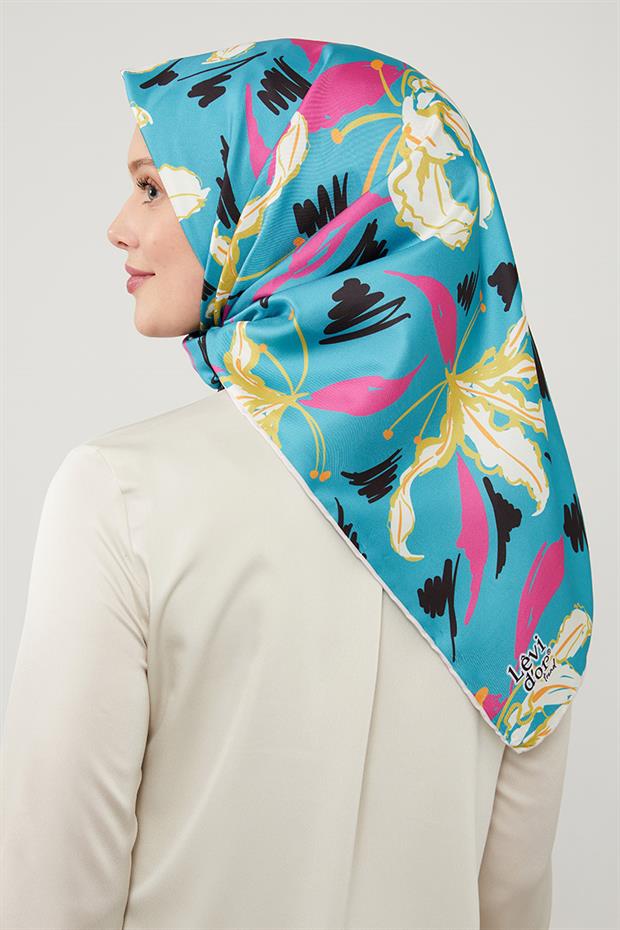 Su Yeşili Yaprak Desen Twill Eşarp