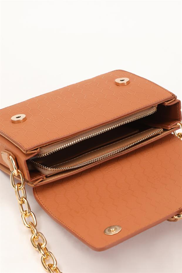 Taba - Camel Petek Desen Çift Renk Omuz Çantası