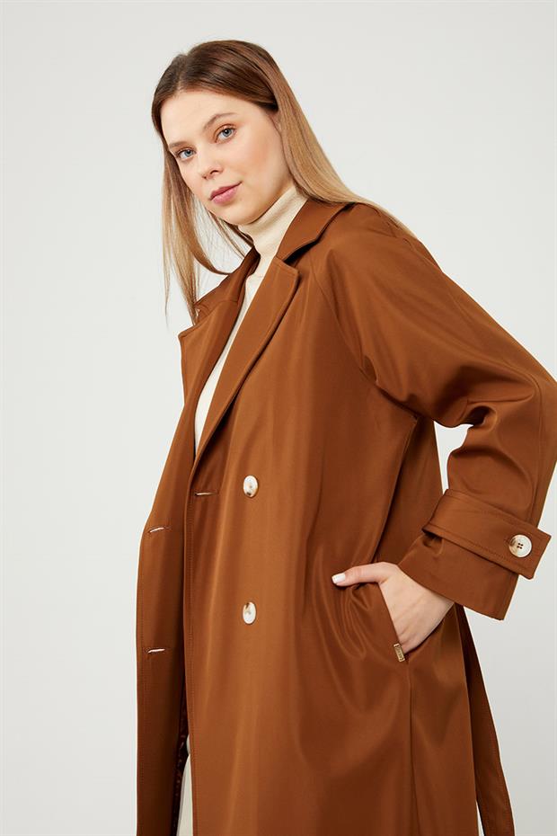 Taba Midi Boy Kuşaklı Trençkot