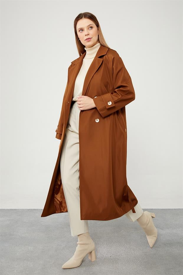 Taba Midi Boy Kuşaklı Trençkot