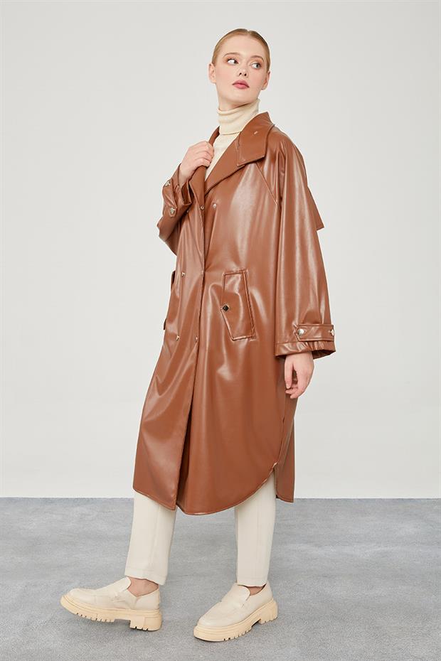 Taba Oversize Suni Deri Trençkot