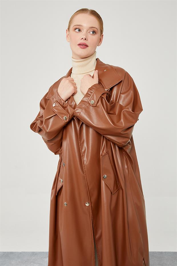 Taba Oversize Suni Deri Trençkot