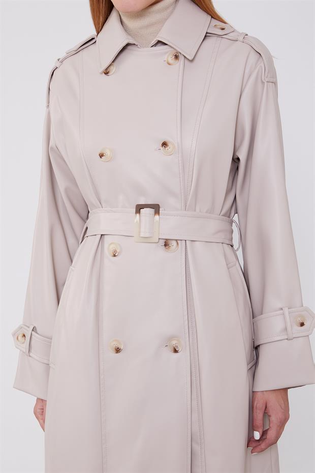 Taş Apoletli Suni Deri Trençkot