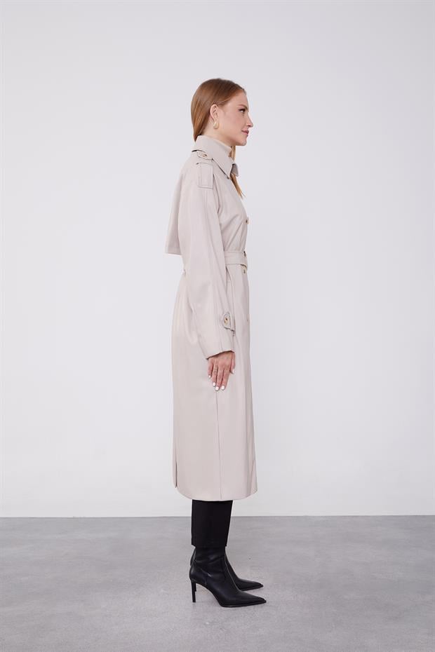 Taş Apoletli Suni Deri Trençkot