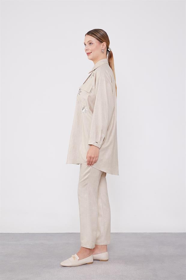 Taş Pul İşlemeli Gölek Yaka İkili Takım