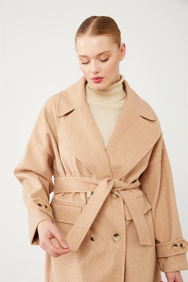 Toprak Kruvaze Yaka Kaşe Kaban