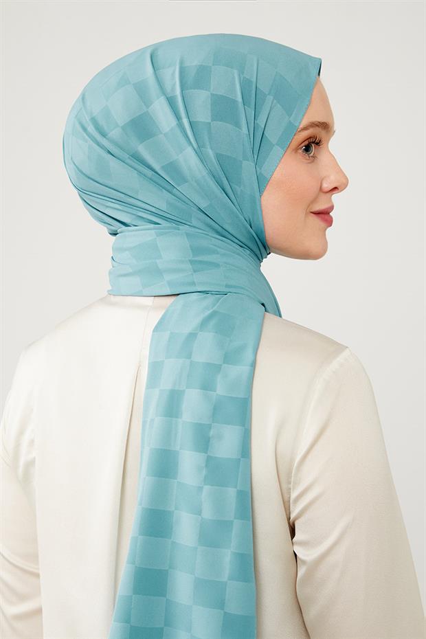 Turkuaz Dama Desen Jakarlı Elegance Şal