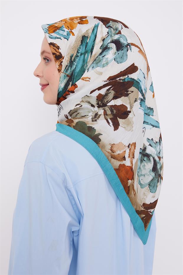 Turkuaz Soyut Desen Modal İpek Eşarp