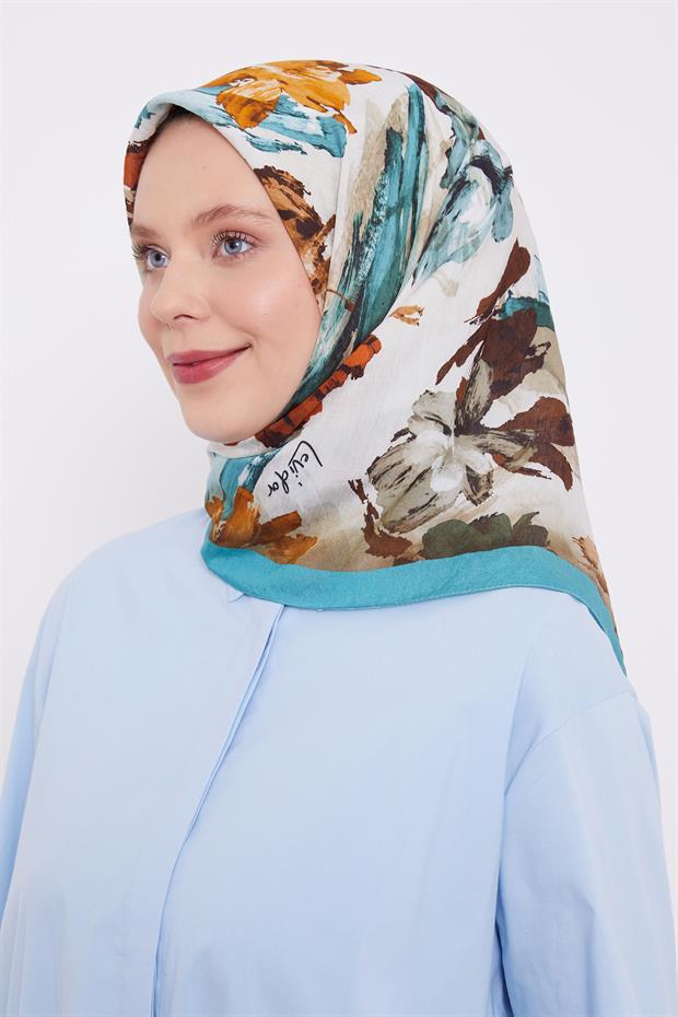 Turkuaz Soyut Desen Modal İpek Eşarp