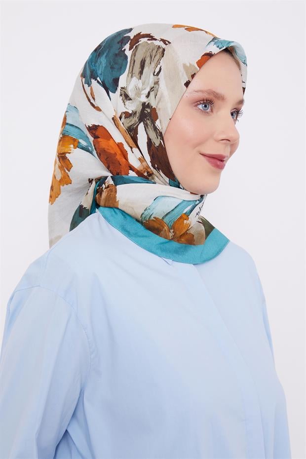 Turkuaz Soyut Desen Modal İpek Eşarp