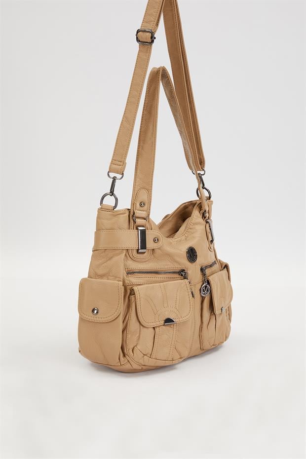 Turuncu Çift Ön Cepli Omuz Çantası