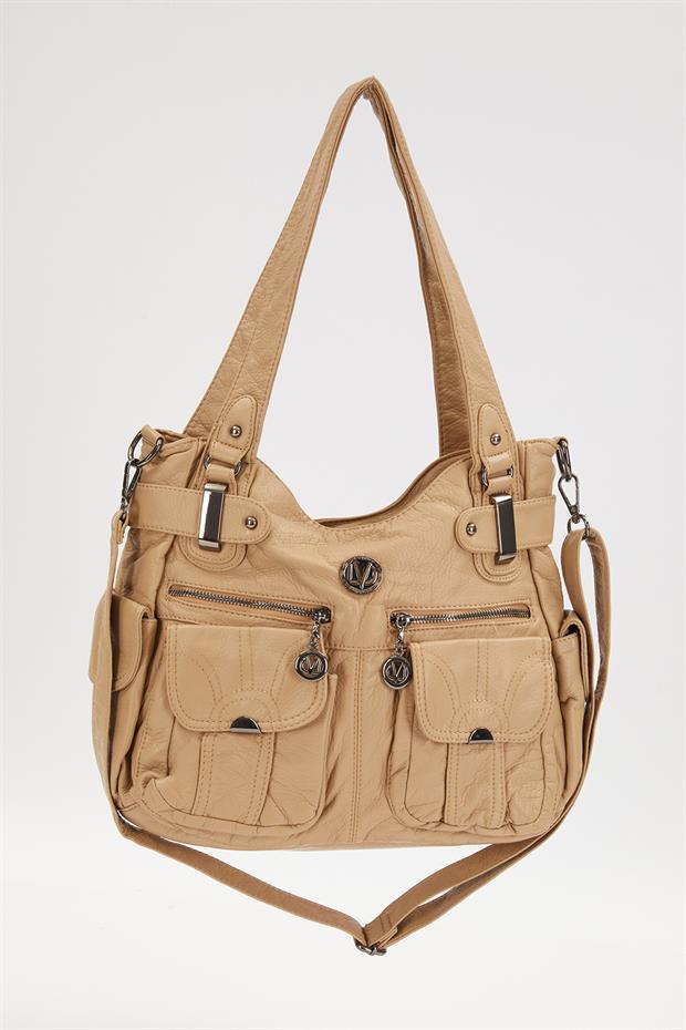 Turuncu Çift Ön Cepli Omuz Çantası