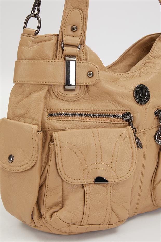 Turuncu Çift Ön Cepli Omuz Çantası