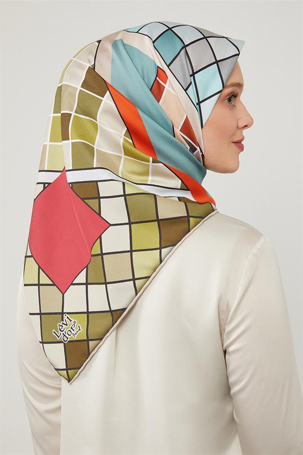 Turuncu Dama Desenlli Trend Twill Eşarp