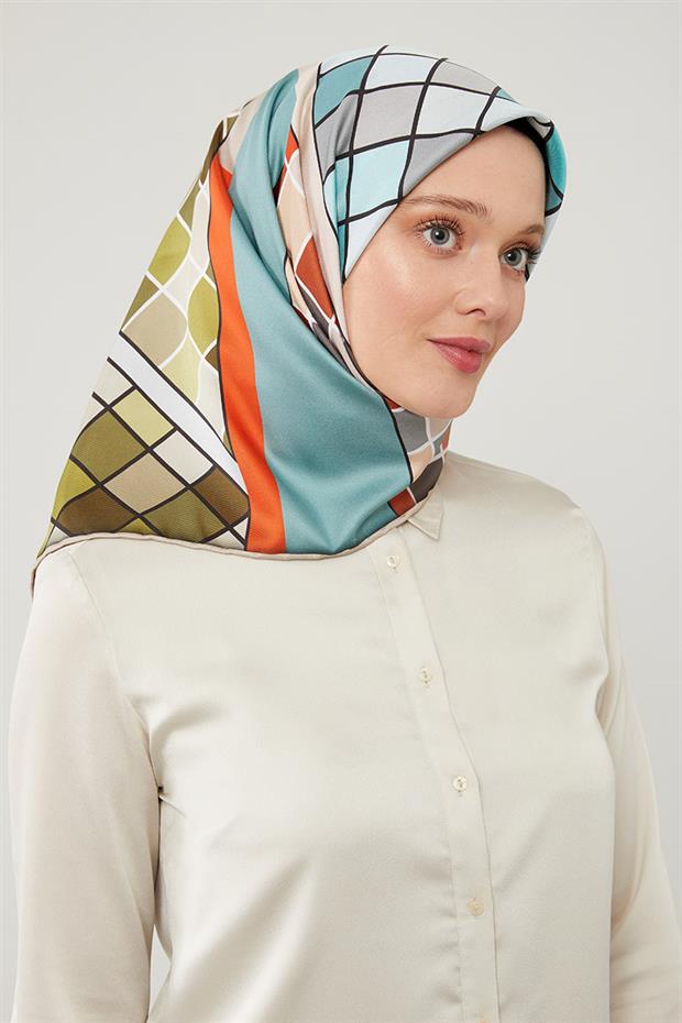 Turuncu Dama Desenlli Trend Twill Eşarp