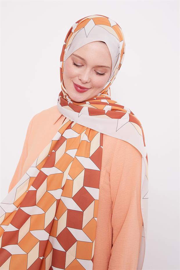 Turuncu Geometrik Desen Club Şal