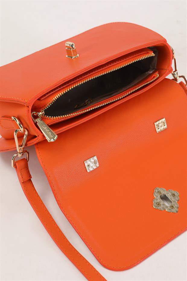 Turuncu Kabartma Desenli El Çantası