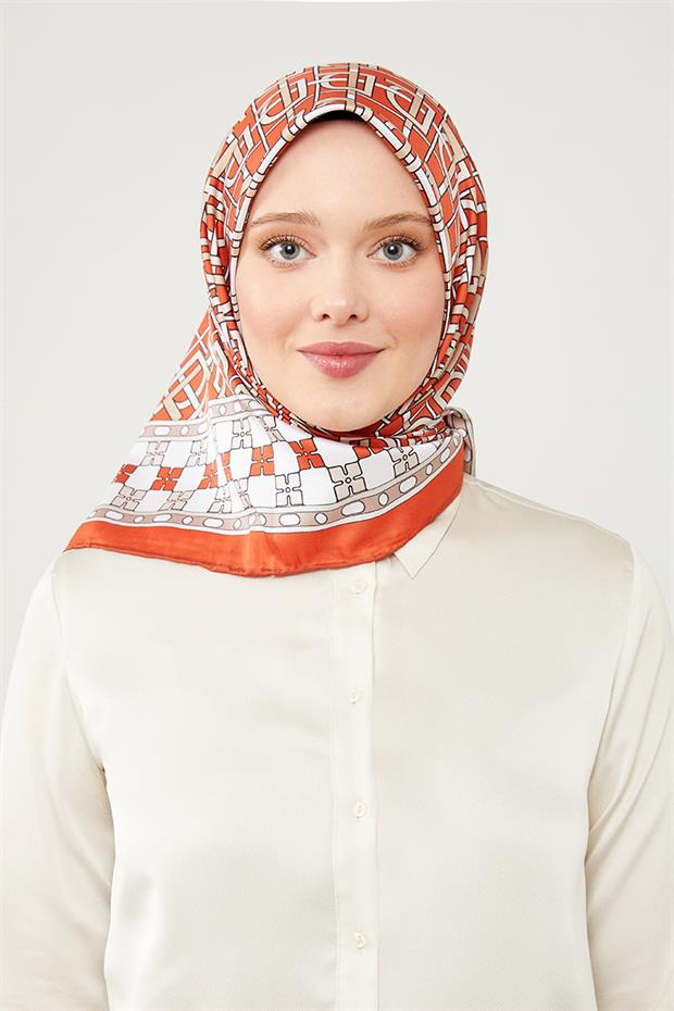 Turuncu LVD Baskılı Trend Twill Eşarp