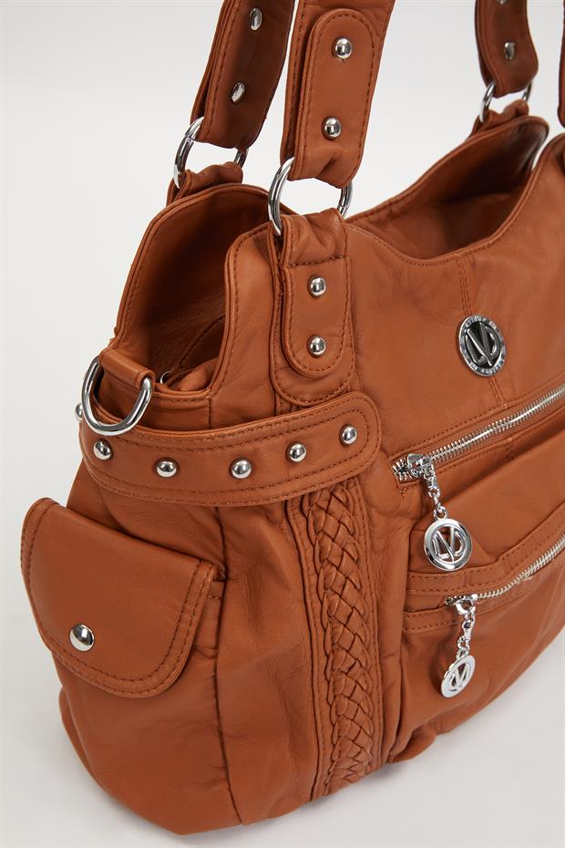 Turuncu Çok Bölmeli Örgü Detay Omuz Çantası