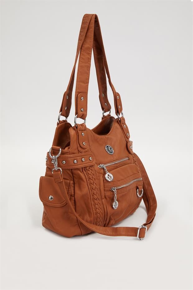 Turuncu Çok Bölmeli Örgü Detay Omuz Çantası