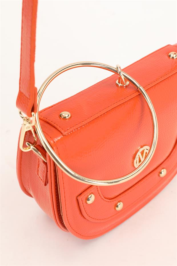 Turuncu - Rugan Metal Saplı El Çantası