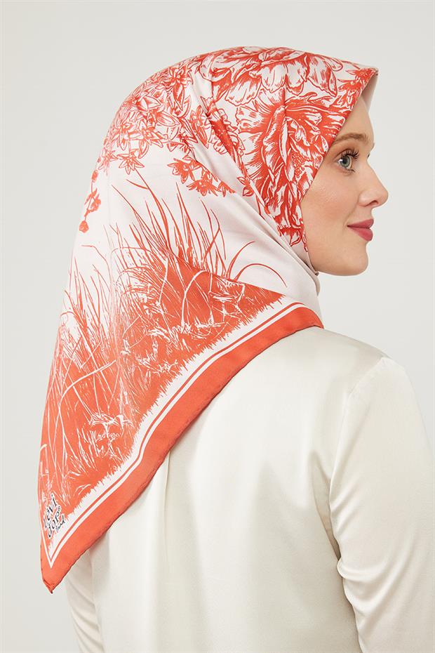 Turuncu Sazlık Desen Trend Twill Eşarp