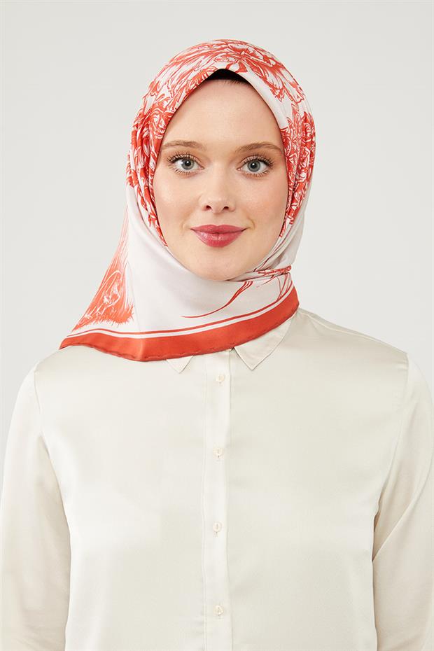 Turuncu Sazlık Desen Trend Twill Eşarp