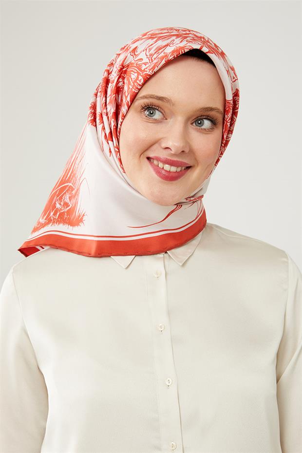 Turuncu Sazlık Desen Trend Twill Eşarp