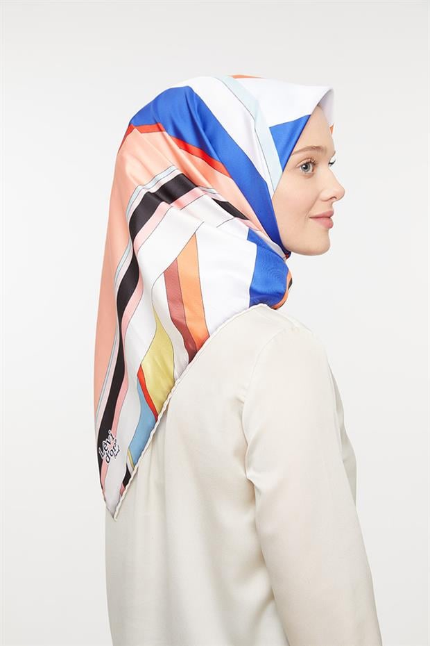 Turuncu Şeritli Trend Twill Eşarp