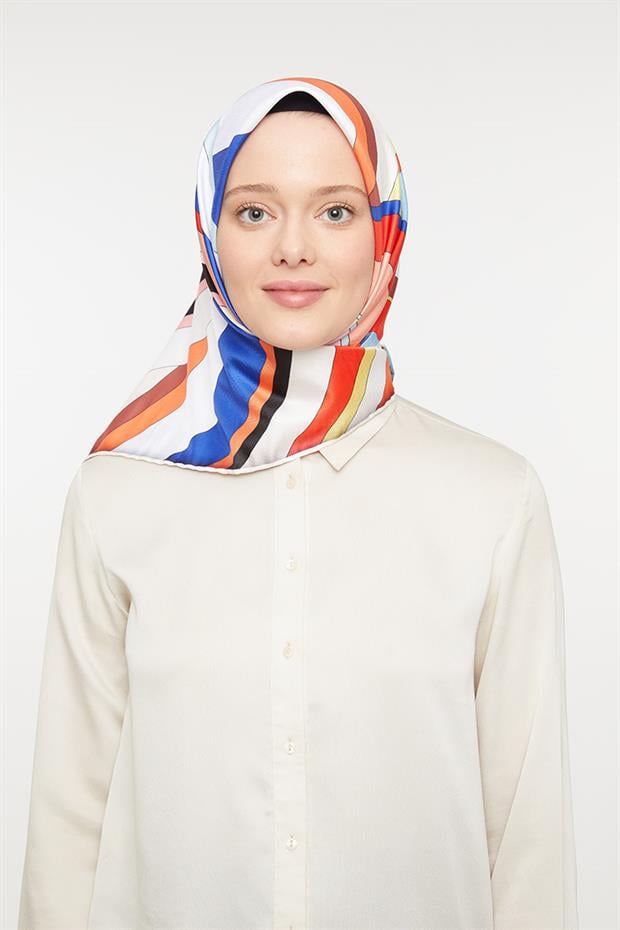 Turuncu Şeritli Trend Twill Eşarp