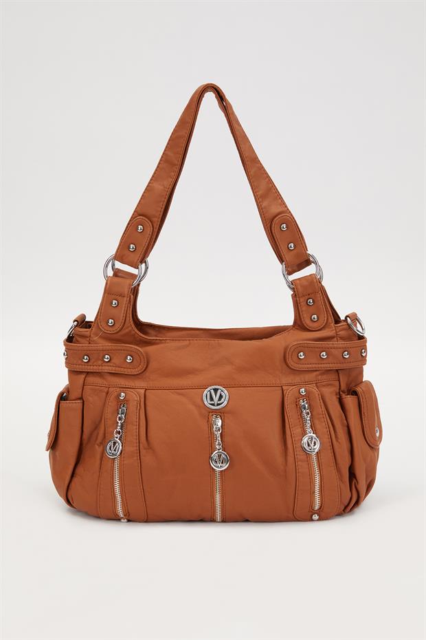 Turuncu Zımba Detaylı Omuz Çantası