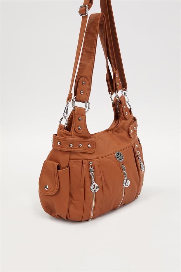 Turuncu Zımba Detaylı Omuz Çantası