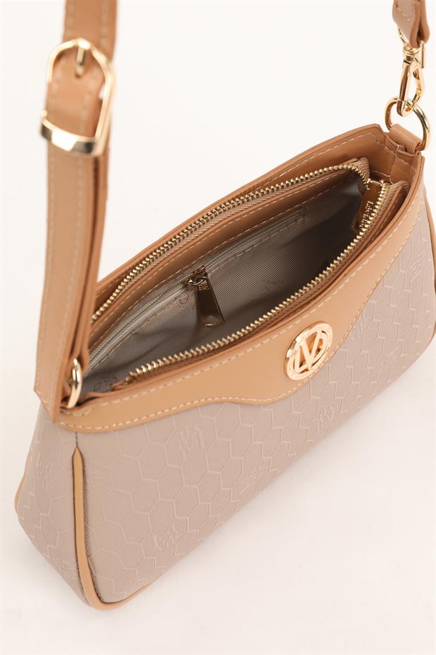 Vizon - Camel Fermuarlı Petek Desen Omuz Çantası