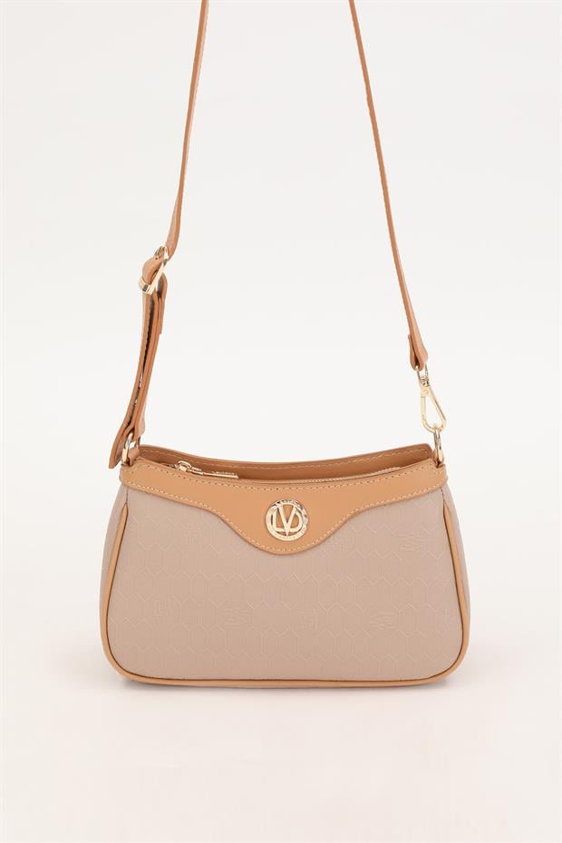 Vizon - Camel Fermuarlı Petek Desen Omuz Çantası