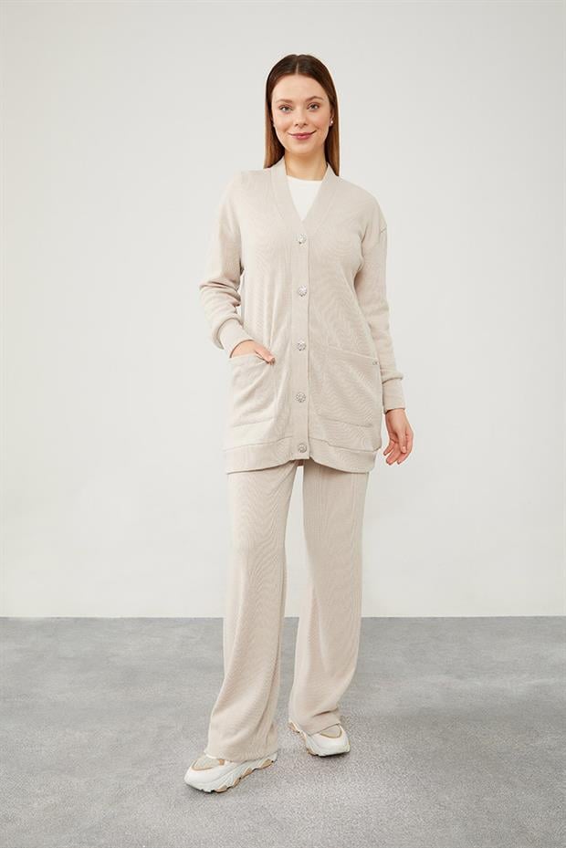 Vizon Desenli Hırkalı Triko Takım