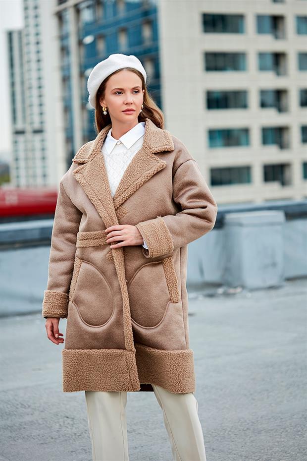 Vizon Düğme Kapamalı Yün Astarlı Suni Deri Kaban