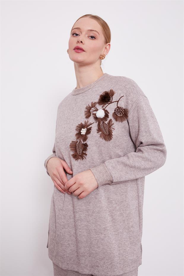 Vizon Nakışlı Ponponlu Kaşmir İkili Takım